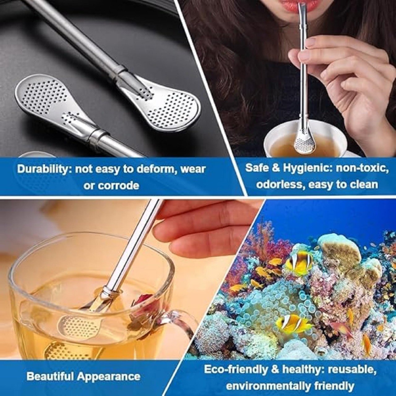 2 in 1 Multi-Function Stainless Steel Drinking Straws with Filter Spoon ( PACK OF 5 )