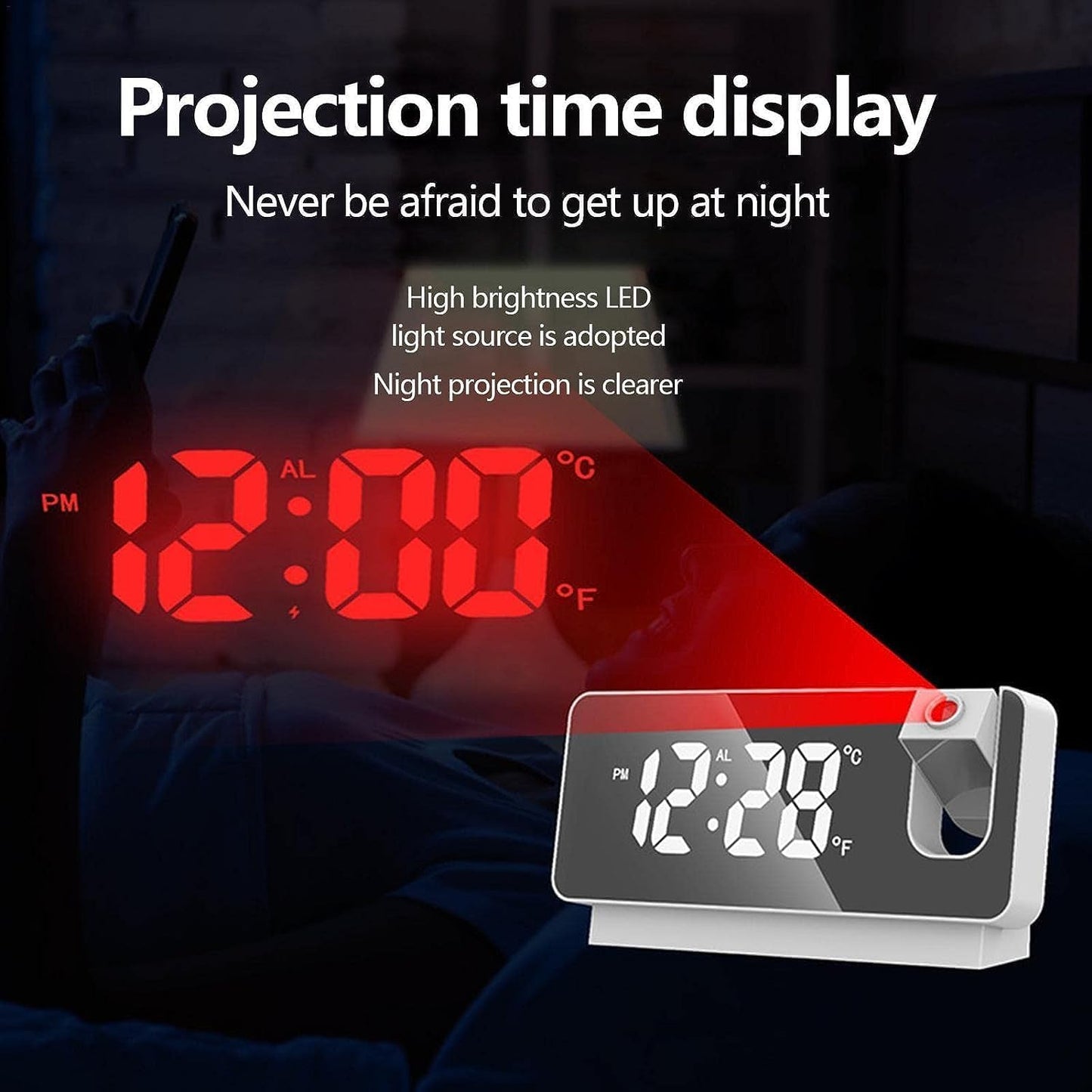 Digital Alarm Clock with 180° Rotatable Time Projection