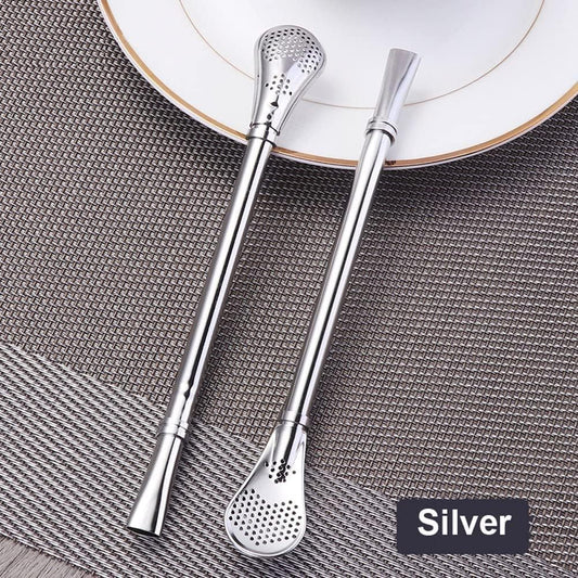 2 in 1 Multi-Function Stainless Steel Drinking Straws with Filter Spoon ( PACK OF 5 )