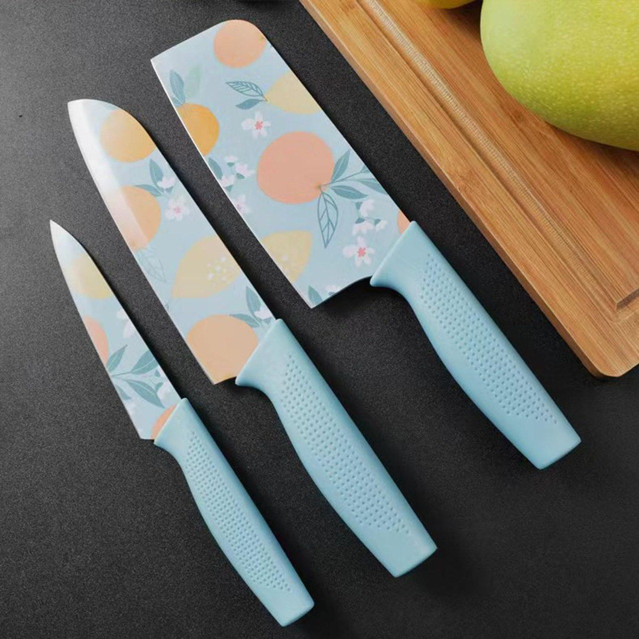Printed Knife Set Of 3  Blue - Red - Green